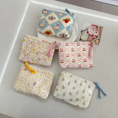 Fresh Floral Print Canvas Coin Purse Portable Zipper Makeup Pouch Small Storage Bag For Women