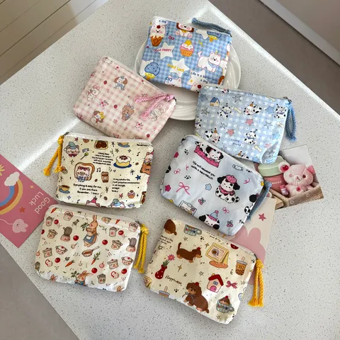 Cute Cartoon Printed Canvas Coin Purse Women Portable Multifunctional Travel Cosmetic Bag Daily Storage Pouch