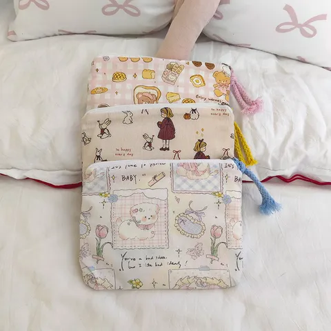 Cute Cartoon Printed Canvas Coin Purse Travel Toiletry Bag Portable Makeup Pouch