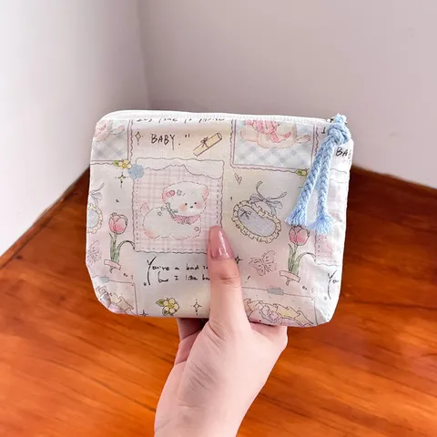 Cute Cartoon Printed Canvas Coin Purse Travel Toiletry Bag Portable Makeup Pouch
