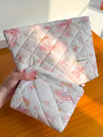Quilted Cosmetic Bag Cute Cartoon Animal Print Large Capacity Portable Travel Makeup Organizer Pouch for Women