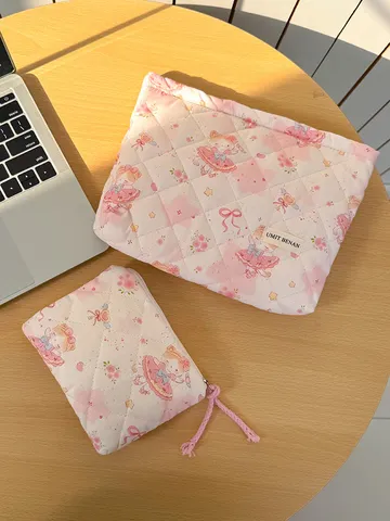 Quilted Cosmetic Bag Cute Cartoon Animal Print Large Capacity Portable Travel Makeup Organizer Pouch for Women