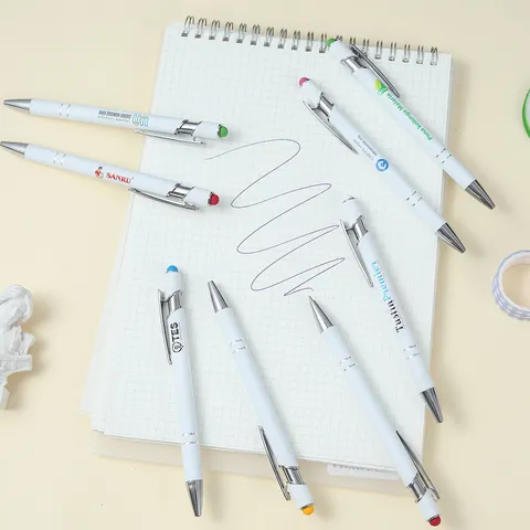 Μεταλλικό Στυλό Διαρκείας Touch Screen Stylus Ανασυρόμενο Στυλό Λευκός Κορμός Με Πολύχρωμα Tips Αφής Γραφείο Σχολείο Γραφή