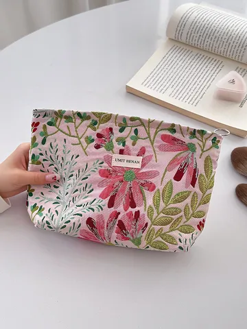 Large Capacity Cosmetic Bag Portable Travel Skincare Toiletry Pouch Cute Floral Embroidered Makeup Bag Handbag For Women