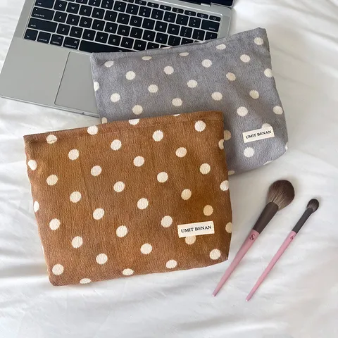 Vintage Corduroy Polka Dot Cosmetic Bag Large Capacity Makeup Pouch Portable Travel Toiletry Organizer Bag For Women