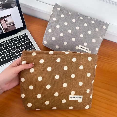 Vintage Corduroy Polka Dot Cosmetic Bag Large Capacity Makeup Pouch Portable Travel Toiletry Organizer Bag For Women