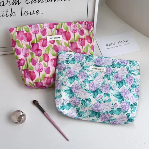 Floral Print Cosmetic Bag Portable Travel Makeup Pouch Zipper Toiletry Organizer Handbag For Women Daily Use