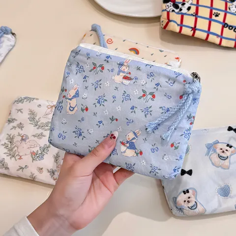 Cute Cartoon Print Canvas Zipper Coin Purse Portable Makeup Storage Bag Cute Animal Floral Cosmetic Pouch For Women