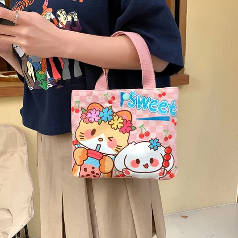 Cute Cartoon Velvet Mini Handbag Women Casual Small Tote Bag Portable Travel Storage Bag Sweet Style Top Handle Bag