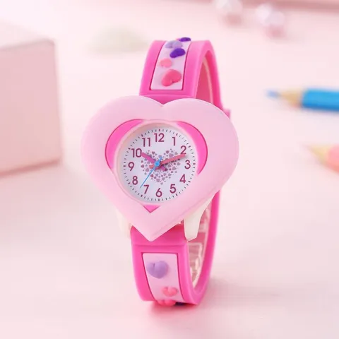 Kids Cartoon 3D Heart Shaped Watch Cute Student Learning Quartz Watch For Children Girls Boys Gift PVC Strap Timepiece