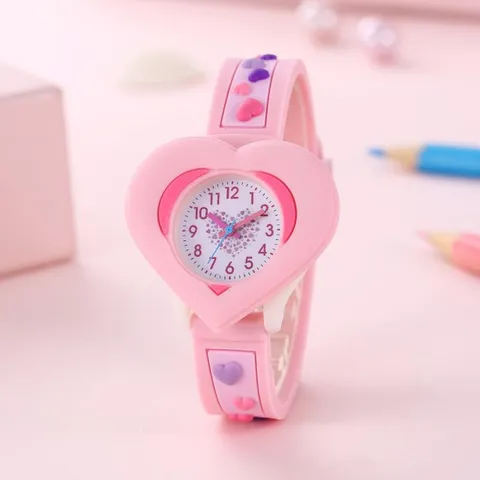 Kids Cartoon 3D Heart Shaped Watch Cute Student Learning Quartz Watch For Children Girls Boys Gift PVC Strap Timepiece