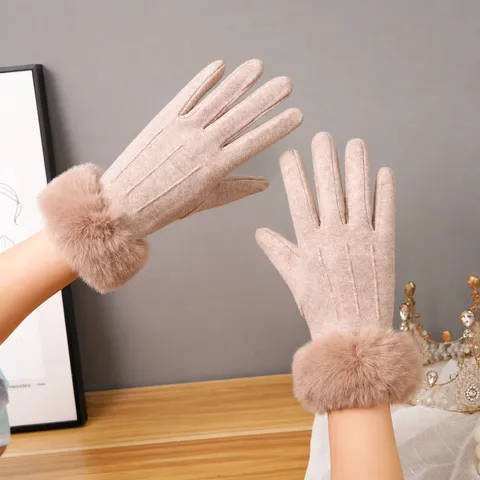 Gants Chauds d'Hiver pour Femmes en Laine de Polyester avec Garniture en Fourrure Artificielle Écran Tactile Coupe-vent Gants de Conduite