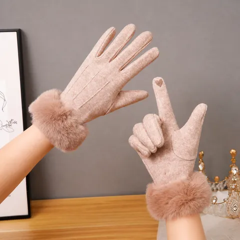 Gants Chauds d'Hiver pour Femmes en Laine de Polyester avec Garniture en Fourrure Artificielle Écran Tactile Coupe-vent Gants de Conduite
