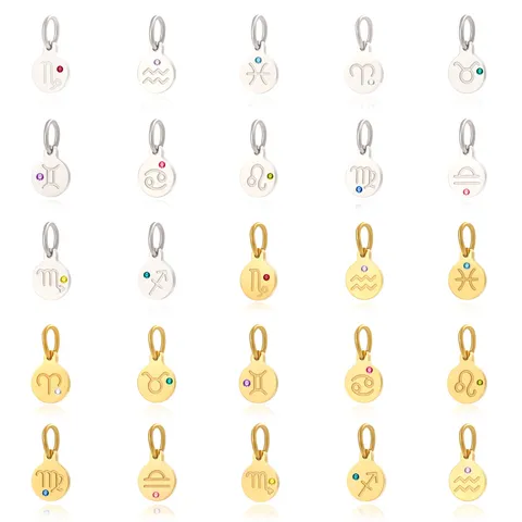Stainless Steel 12 Zodiac Sign Charms Rhinestone Constellation Round Disc Pendant For DIY Jewelry Making Necklace Accessories
