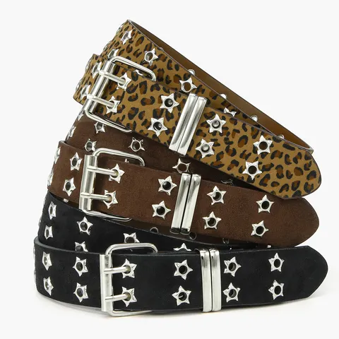 Cintura Punk Con Borchie a Stella Cintura in Similpelle Leopardo Vintage Per Uomo Donna Y2K Doppia Fibbia Ad Ardiglione Cintura Con Fori a Stella Accessorio Moda