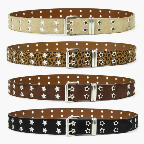 Cintura Punk Con Borchie a Stella Cintura in Similpelle Leopardo Vintage Per Uomo Donna Y2K Doppia Fibbia Ad Ardiglione Cintura Con Fori a Stella Accessorio Moda