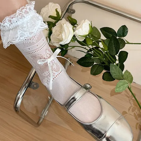Sweet Lolita Lace Trim Mid Calf Socks Women Thin Black White Bow Mesh Short Tube Stockings Cute Girl Fashion Hosiery