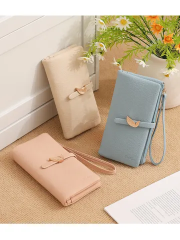 Women Fashion PU Leather Long Wallet With Exquisite Metal Leaf Snap Multifunctional Card Holder Coin Purse With Wristlet