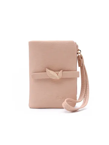 Women's PU Leather Short Wallet With Metal Leaf Buckle Zipper Coin Purse Multi Card Slot Folded Handbag Wrist Strap Purse