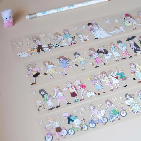 Originele Illustratie Schattig Meisje Thema PET Synthetisch Papier Washi Tape Stickerrol Voor Dagboek Scrapbooking DIY Decoratieve Kantoorartikelen