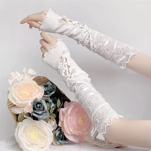 Donna Manicotti Lunghi in Pizzo Acrilico Guanti con Allacciatura a Nastro Stile Dolce Lolita Guanti Senza Dita Accessori per Mani