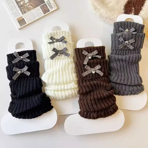 Calentadores de Punto Lolita para Niñas Lazo Vintage Colgante de Corazón Calcetines Cálidos para Pantorrilla Leggings Retro Invierno
