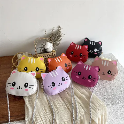 Lindo Bolso Bandolera para Niños de Cuero PU con Gato de Dibujos Animados Estampado Monedero Preescolar Uso Diario Niñas