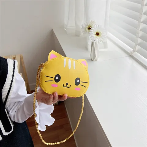 Lindo Bolso Bandolera para Niños de Cuero PU con Gato de Dibujos Animados Estampado Monedero Preescolar Uso Diario Niñas