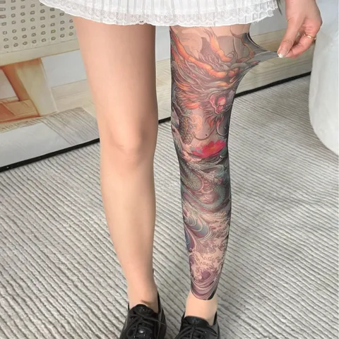 Women Tattoo Print Pantyhose Summer Thin High Elasticity Anti Hook Tights Dragon Koi Floral Pattern Sexy Hosiery