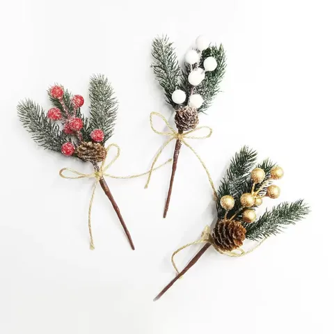 Weihnachten Künstliche Beeren Kiefernnadel Zweig Mit Tannenzapfen Kordelschleife Schnee Blumenpicks Für Weihnachtsbaum Kranz Dekoration Basteln