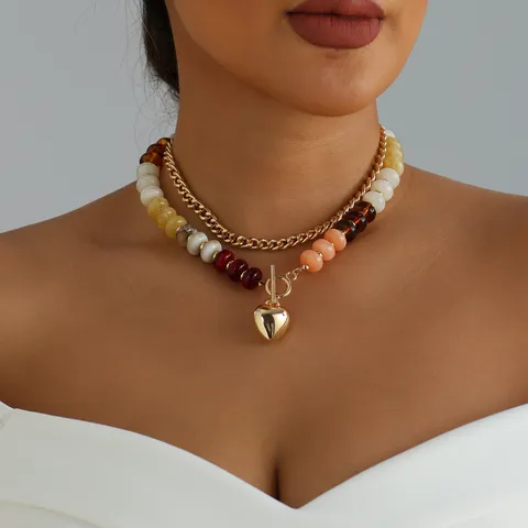 Vintage Earth Tone Double Layer Necklace Heart OT Buckle Resin Bead Choker For Women Boho Alloy Chain Pendant Necklace