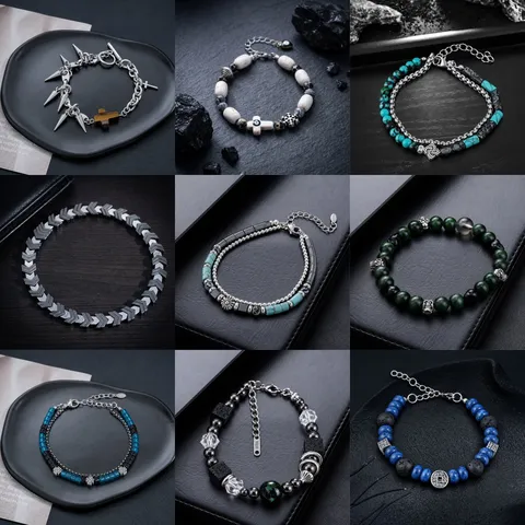Bracelet Croix en Acier Inoxydable Titane pour Hommes Femmes Hip-hop Vintage Strass Sculpté Perles Chaîne Bracelet Bijoux Cadeau