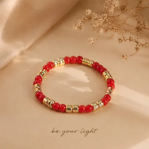 New Chinese Style Women Faux Coral Beaded Bracelet Alloy Round Beads Single Strand Elastic Elegant Fashion Jewelry Gift For Birthday