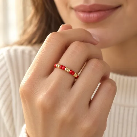 New Chinese Style Women Faux Coral Beaded Bracelet Alloy Round Beads Single Strand Elastic Elegant Fashion Jewelry Gift For Birthday