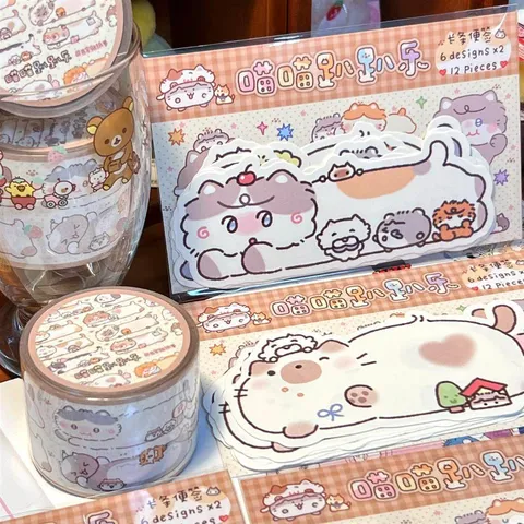 Cute Cartoon Cat Washi Tape Set Sticky Notes Kawaii Stationery Hand Ledger Decorative Stickers Scrapbook Supplies