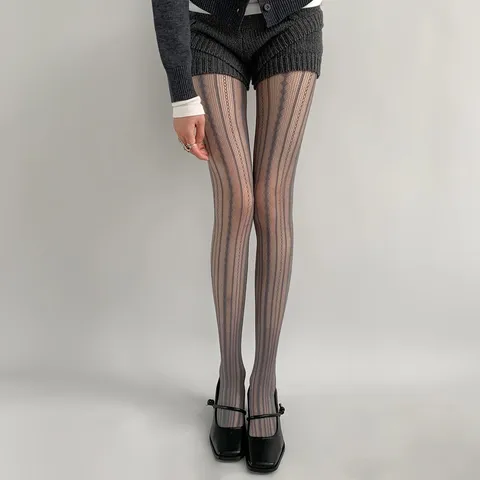 Womens Thin Hollow Striped Pantyhose Sexy Vertical Jacquard Lace Cable Knit Slimming Tights Ladies Fashion Hosiery