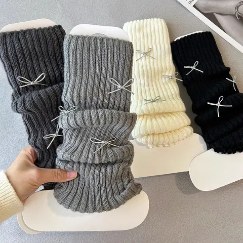 Japanese Sweet JK Lolita Knit Leg Warmers Women Cute Bow Piled Socks Winter Fashion Casual Calf Socks