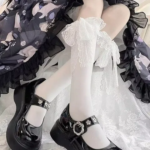 Calze a Metà Polpaccio con Volant in Pizzo Lolita da Donna Fiocco Dolce Stile Giapponese