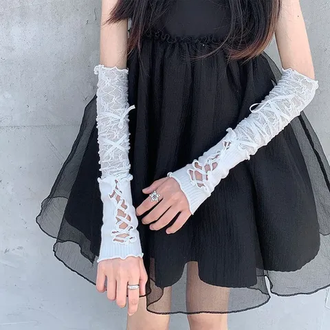Manicotti in Pizzo Lolita da Donna Stile Sweet Cool Guanti Lunghi Corti Senza Dita Nastro Nero Bianco Allacciatura Fiocco