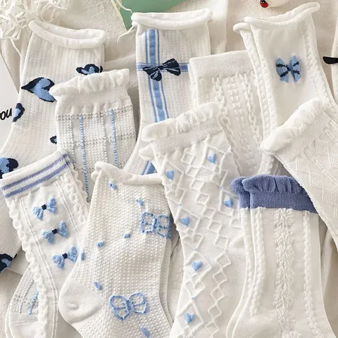 Chaussettes mi-hautes Japonaises Douces avec Nœud et Dentelle pour Femmes Mignonnes Bleu et Blanc Couleur Contrastée Respirantes Mélange de Coton Mode Décontractée
