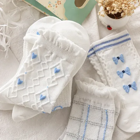 Chaussettes mi-hautes Japonaises Douces avec Nœud et Dentelle pour Femmes Mignonnes Bleu et Blanc Couleur Contrastée Respirantes Mélange de Coton Mode Décontractée