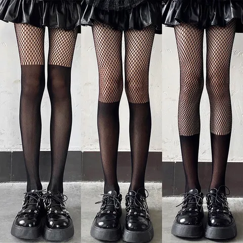 Women Sexy Fake Two Piece Over Knee High Spliced Fishnet Tights Mesh Black Stockings Pantyhose