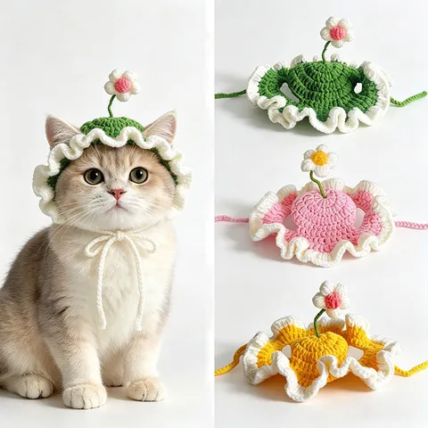 Handmade Knitted Pet Hat Cute Floral Crochet Kitten Puppy Headwear Soft Woolen Yarn Daily Photo Accessories Pet Supplies