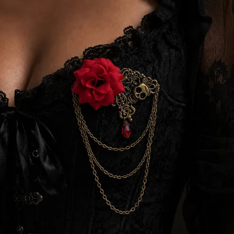 Vintage Punk Rose Flower Brooch Gothic Skull Crystal Tassel Chain Brooch Pin Halloween Costume Jewelry Accessories