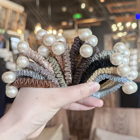 Satin Hair Scrunchie With Double Artificial Pearls Elegant High Elastic Hair Rope For Women Hair Accessories