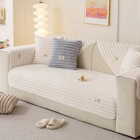 Thickened Plush Sofa Cover Solid Color Quilted Couch Cushion Minimalist Non-Slip Furniture Protector Living Room Decor