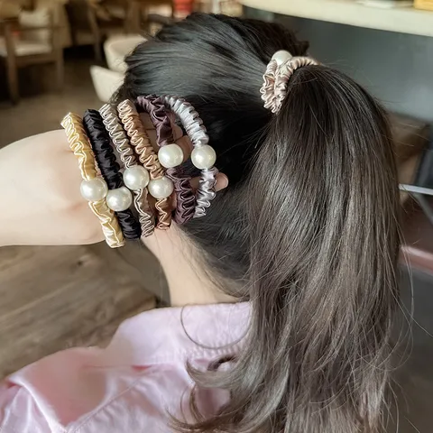 Satin Hair Scrunchies For Women Elegant Pearl Pleated Elastic Hair Ropes Ponytail Holder Daily Hair Accessories
