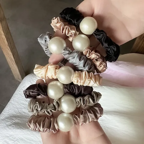 Satin Hair Scrunchies For Women Elegant Pearl Pleated Elastic Hair Ropes Ponytail Holder Daily Hair Accessories