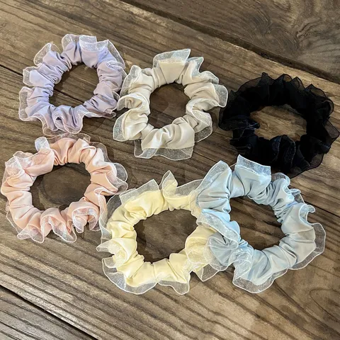 Chouchou en Mousseline de Soie avec Dentelle Douce Corde à Cheveux Plissée Bande Élastique Mignonne Attache Queue de Cheval Accessoires Cheveux Femmes