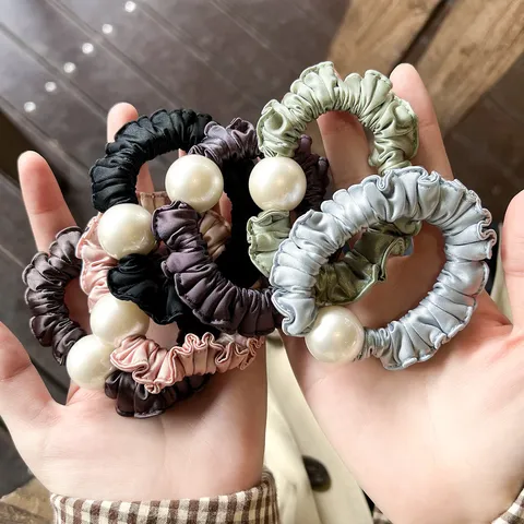 Satin Pearl Hair Scrunchie Elegant Pleated Elastic Hair Tie Ponytail Holder Fashion Hair Accessories For Women